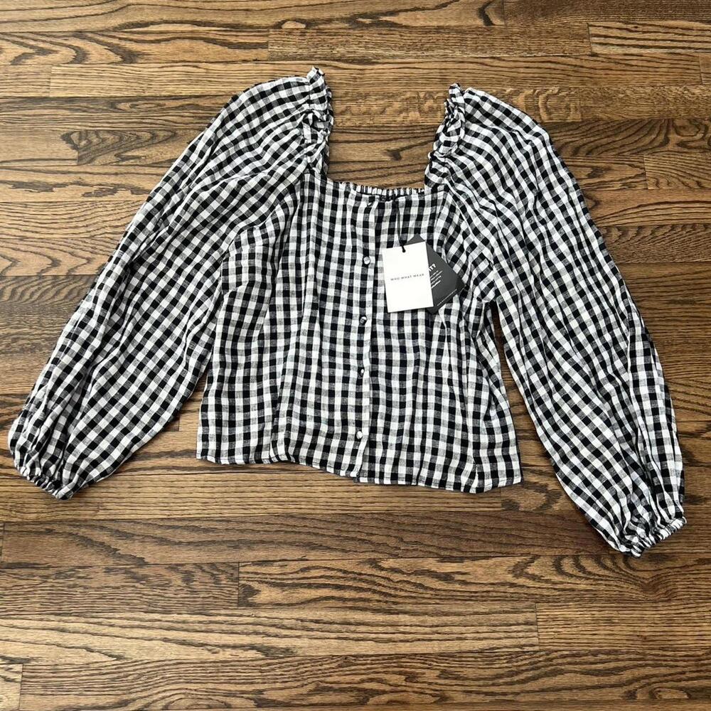 Black white gingham puff long sleeve Who what wear blouse new